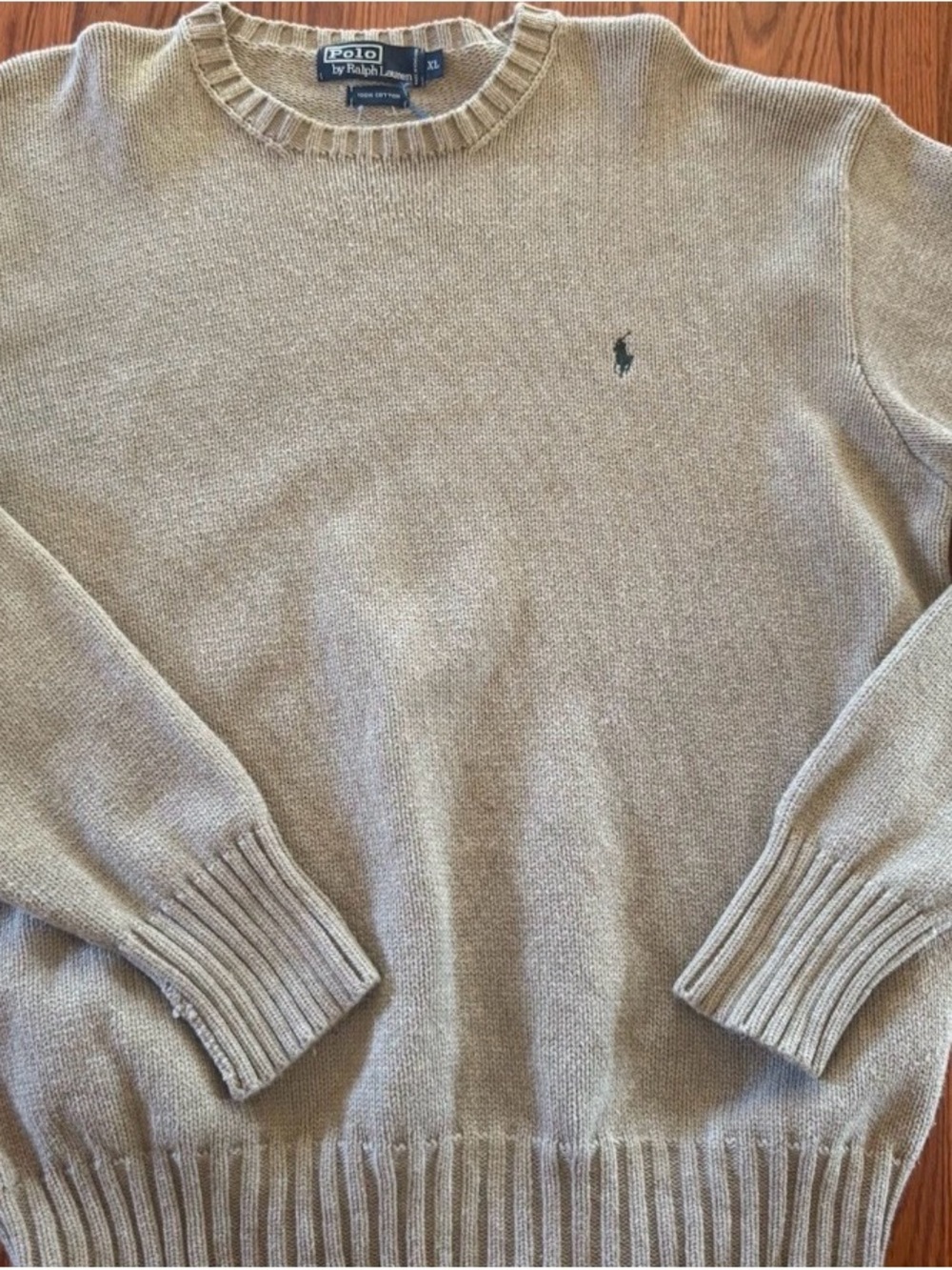 Ralph Lauren Men's Beige Crewneck Sweater with Navy Polo Logo